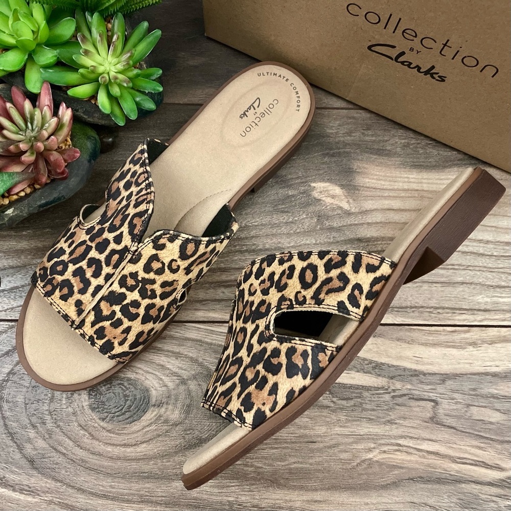 NIB Clarks Declan Flo Leopard Print Slide Sandal